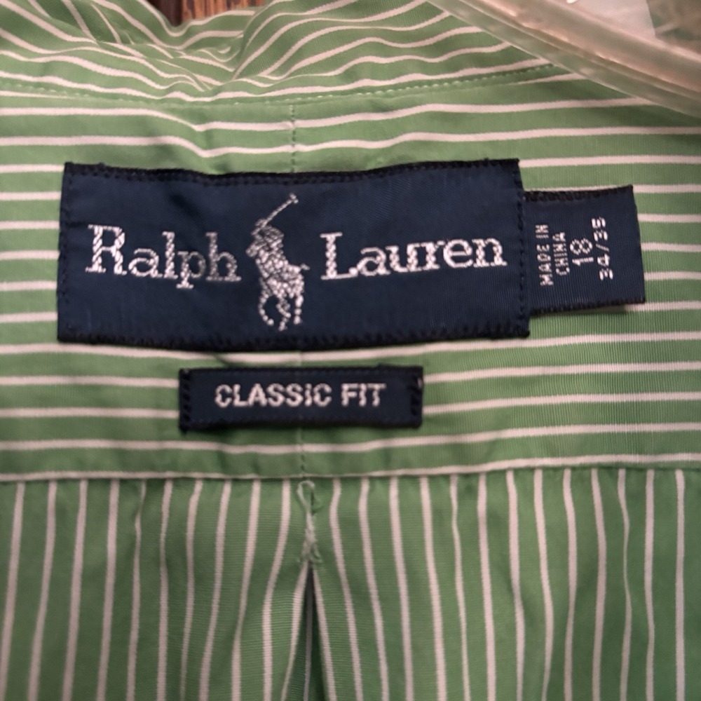 Ralph Lauren Men's‎  Long Sleeve Shirt Size 18 34/35 Classic Fit Green Stripe - Picture 3 of 6